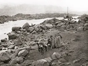 Yangtze: Boat being pulled up rapid by hand, Yangtze River, China