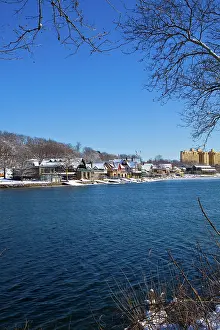 Schuylkill: BOATHOUSE ROW IN WINTER SNOW BRIGHT BLUE CLOUDLESS
