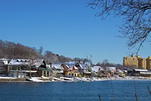 Schuylkill: BOATHOUSE ROW IN WINTER SNOW BRIGHT BLUE CLOUDLESS