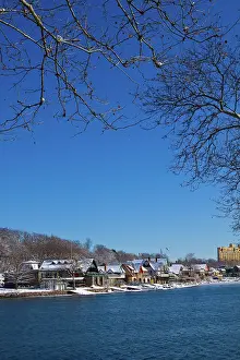 Schuylkill: BOATHOUSE ROW IN WINTER SNOW BRIGHT BLUE CLOUDLESS