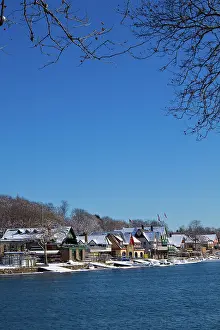 Schuylkill: BOATHOUSE ROW IN WINTER SNOW BRIGHT BLUE CLOUDLESS