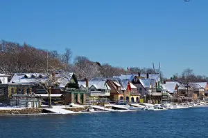 Schuylkill: BOATHOUSE ROW IN WINTER SNOW BRIGHT BLUE CLOUDLESS