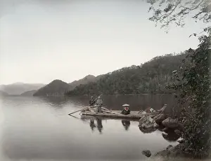 Lakeside: Boatmen on a tranquil lake, Japan