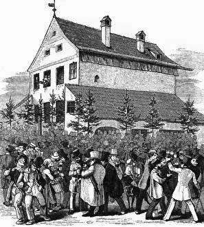 Refreshment: Bock beer tapping in a beer cellar in Munich, 1845