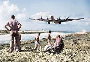 Forwd: Boeing B-29 (forward view) climbing out of Saipan, Dec?
