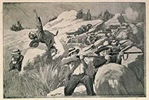 Lithographs: Boer guerrilla commando shooting against English