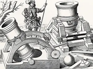 Elevation: Bombards on portable gun carriages. In the front