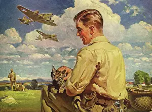 Baseclassic: Bombers fly over Young Man with Cat