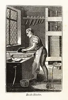 F.c. And J. Rivington: Book-binder planing a book block in a bindery