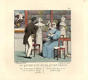 Flattery: Bookish woman in a library talking to an author