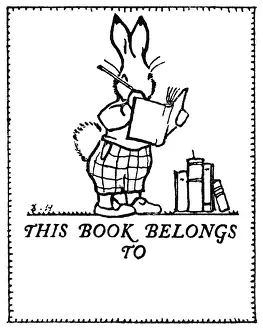 Ownership: Bookplate design, rabbit and books