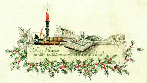 Fairest: Books, candle, holly and scroll