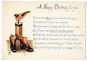 Cobbling: Last and boots on a Christmas and New Year card