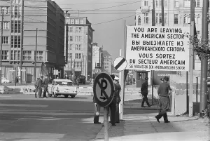 Cold War: Border checkpoint in West Berlin, with sign You
