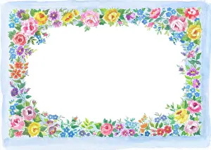 Border of coloured flowers including roses