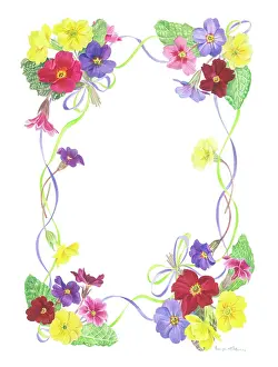 Primroses: Border of coloured primroses and ribbon