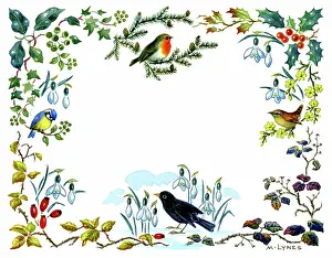 Jessamine: Border design with birds, snowdrops, holly etc