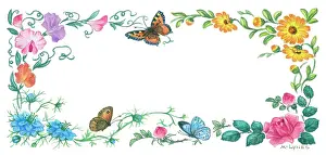 Peas: Border design of flowers and butterflies