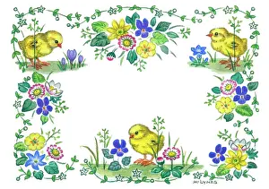 Lynes: Border design of flowers and three chicks