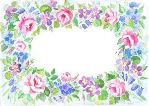Bluebells: Border design with pink roses, bluebells etc