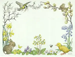 Medici Society (molly Brett): Border design with rabbit, duckling, birds, daffodils, primr