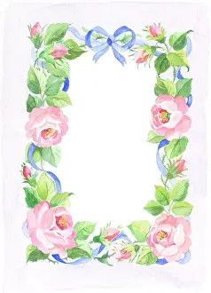 Interwoven: Border of Pink Roses and blue ribbon