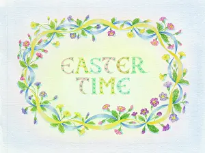 Primulas: Border of primulas & ribbon with Easter Time