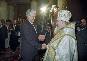 Greets: Boris Yeltsin attends Easter service, 1991