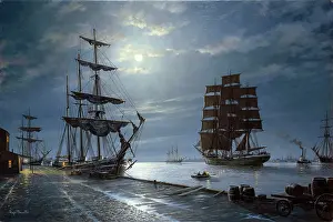 Desoutter: Boston by Moonlight ' tall ships in harbour
