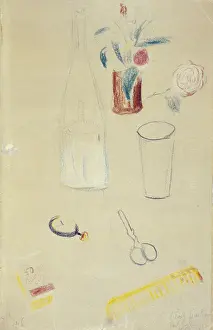 Apollinaris: Bottle, vase flowers, glass, pair of scissors