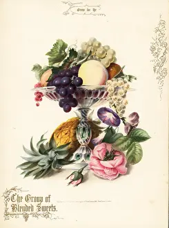 Lithographer: Bouquet of pineapple, grapes, peach, rose, morning glory