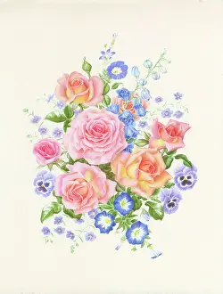 Convolvulus: Bouquet of Roses, Convolvulus, Pansies etc