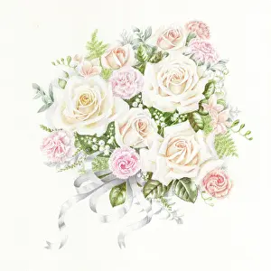 Pinks: Bouquet of roses, pinks and lily of the valley