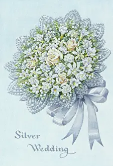 Carnations: Bouquet of white flowers with silver ribbon
