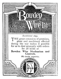 Bowden: Bowden Wire.Mechanism & Controls - 1919 Advert