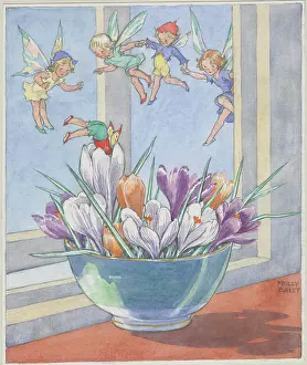 Bowl of crocuses with fairies flying around