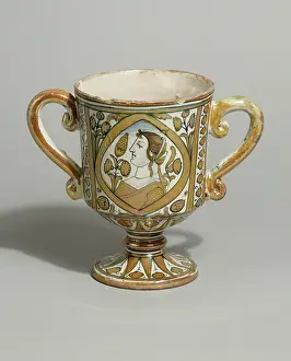 Maiolica: Bowl on foot with two handles