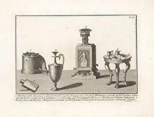 Ewer: Box for scrolls, ewer, bowl, table and tablet