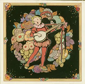 Banjo: Boy with banjo with circle of flowers behind