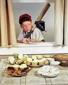 Mitt: Boy in Baseball Garb with Bat Sneaking Pie Through
