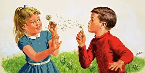 Weeds: Boy blowing a dandelion clock