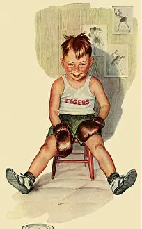 Grinning: Boy Boxer on Stool