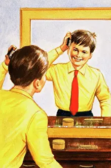 Boy brushing his hair in a mirror backed with a thin layer o
