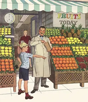 Grocer: Boy Buying Oranges