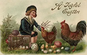Roosters: Boy with Chicks, Roosters and Easter Eggs