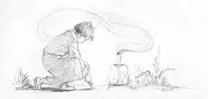 Candlelight: Boy digs a hole for a plant by candlelight