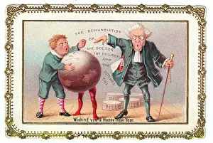 Indigestion: Boy with doctor and pudding on a comic New Year card