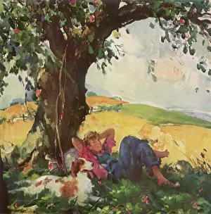 Repose: Boy and Dog sit in the Shade of an Apple Tree