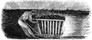 Dragging: Boy dragging coal wagon with belt and chain in mine