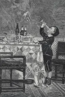 Drinker: Boy drinking up champagne from a feast